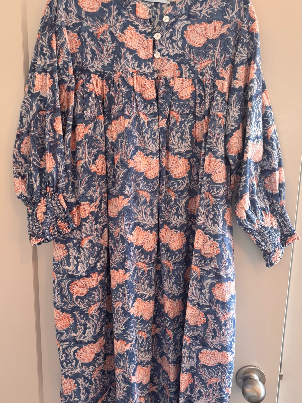 Blue and Pink Floral Midi Dress with Smocked Cuffs